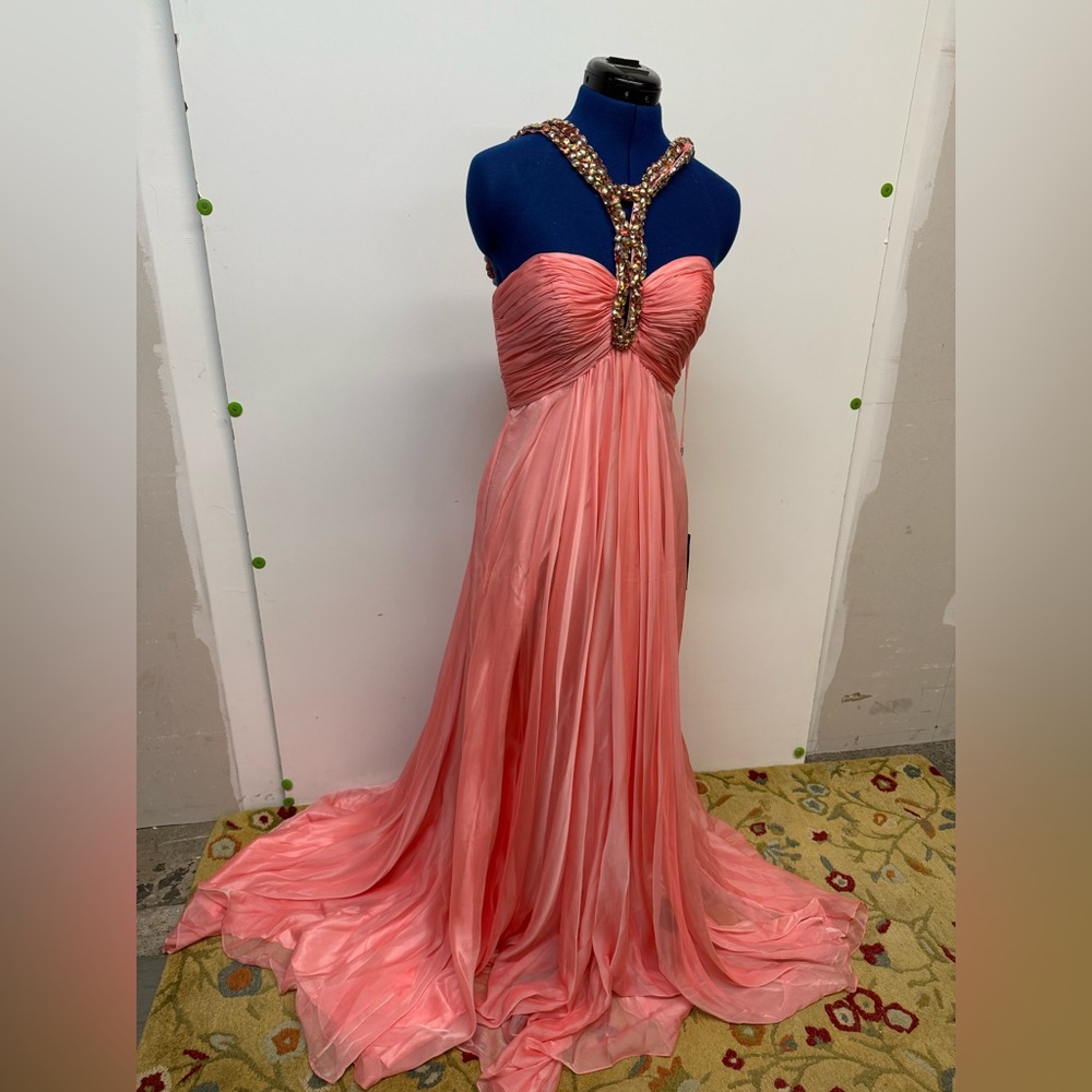 Amelia Coral Pink Gold Embellished Backless Gown for Prom or Evening Wear